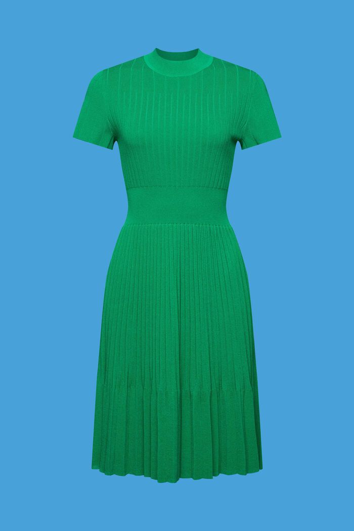 Geplisseerde midi-jurk met opstaande kraag en korte mouwen, EMERALD GREEN, detail image number 5