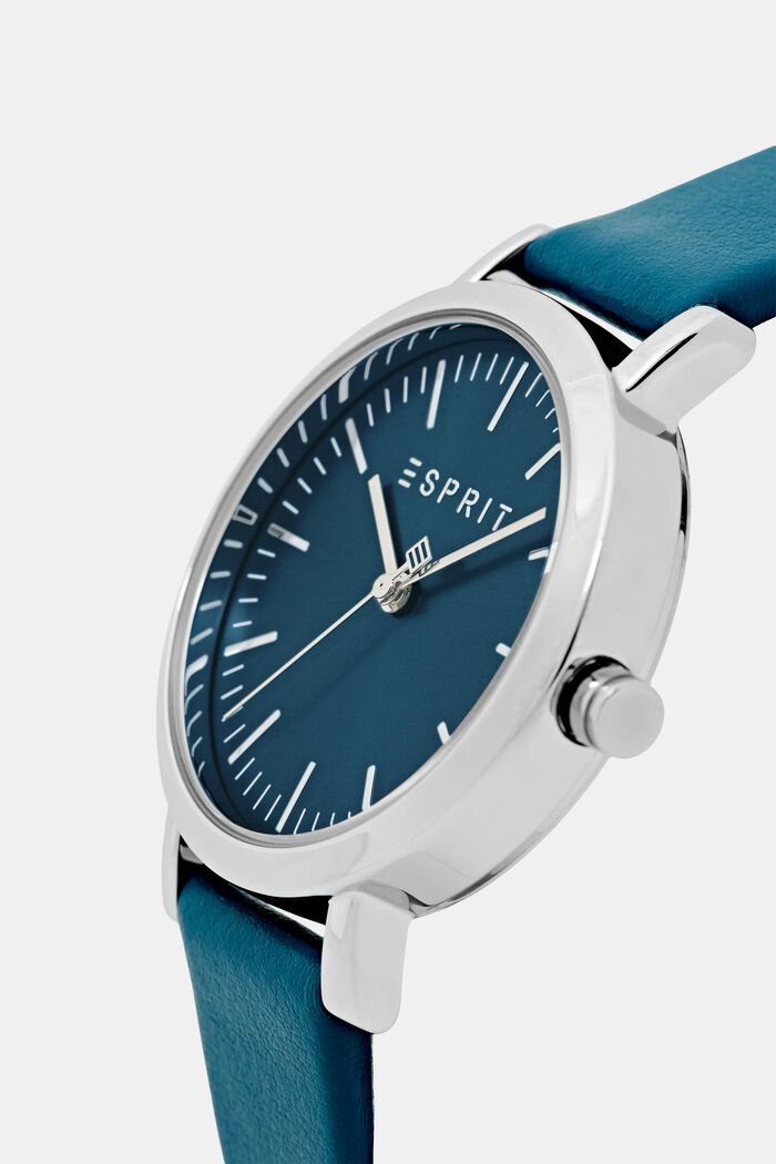 Edelstalen horloge met een leren bandje, BLUE, detail image number 1