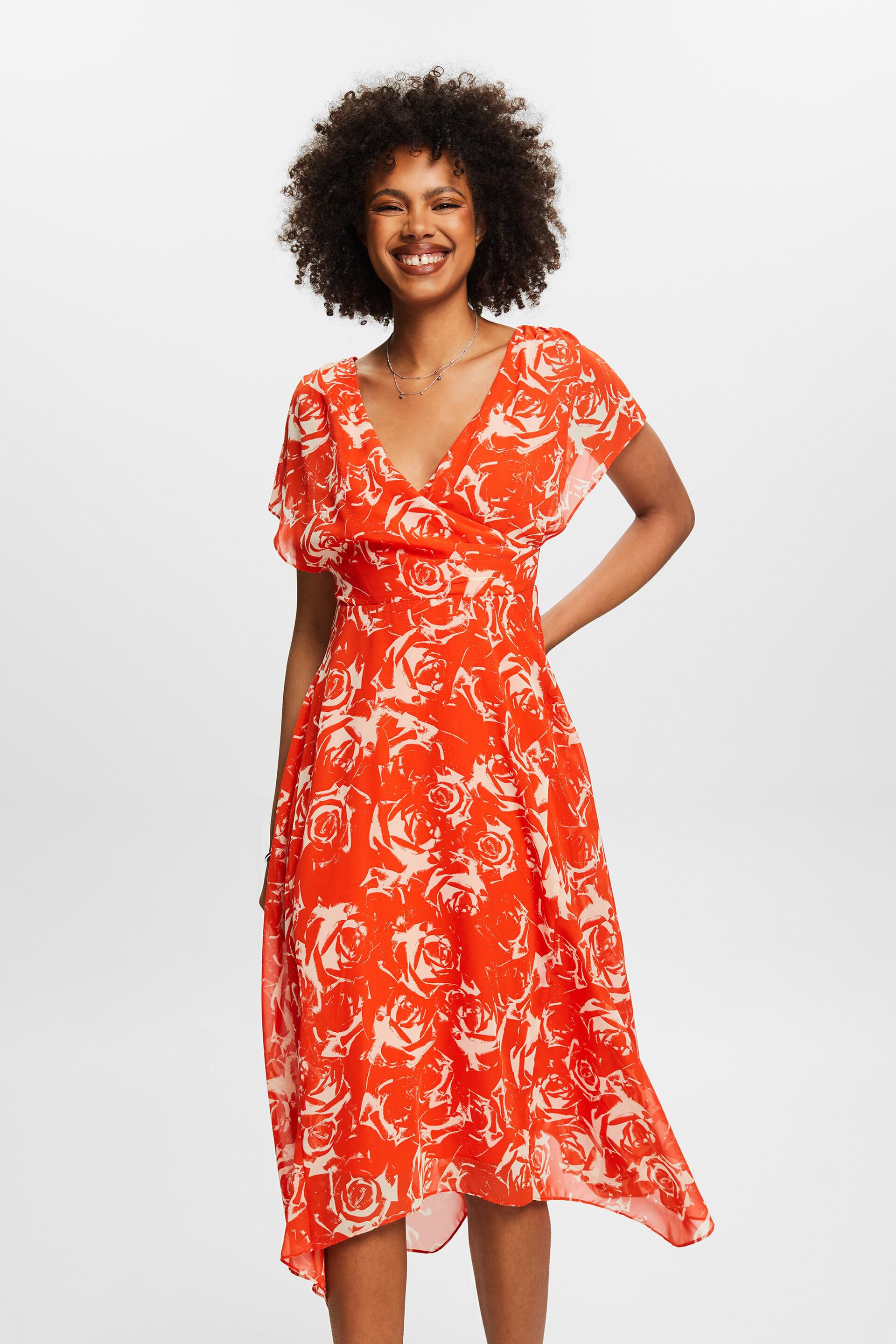 Oranje Chiffon maxi-jurk met V-hals en print