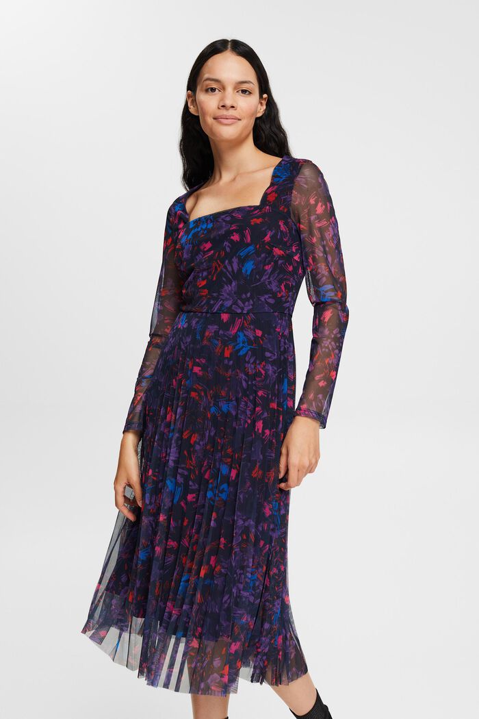 Mesh jurk met motief, NAVY, detail image number 0