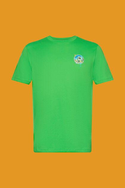 Katoenen T-shirt met slim fit en kleine borstprint, GREEN, overview