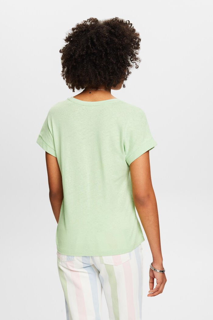 T-shirt van katoenlinnen met V-hals, LIGHT GREEN, detail image number 3