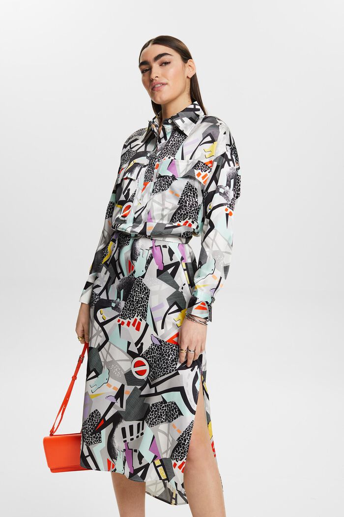 Zijde-satijnen midi-jurk met ceintuur en print, LIGHT BEIGE, detail image number 0
