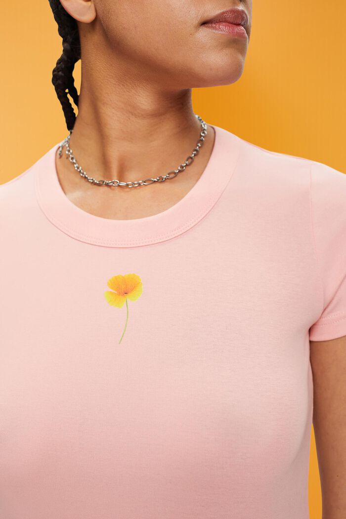 T-shirt met bloemenprint op de borst, PINK, detail image number 2