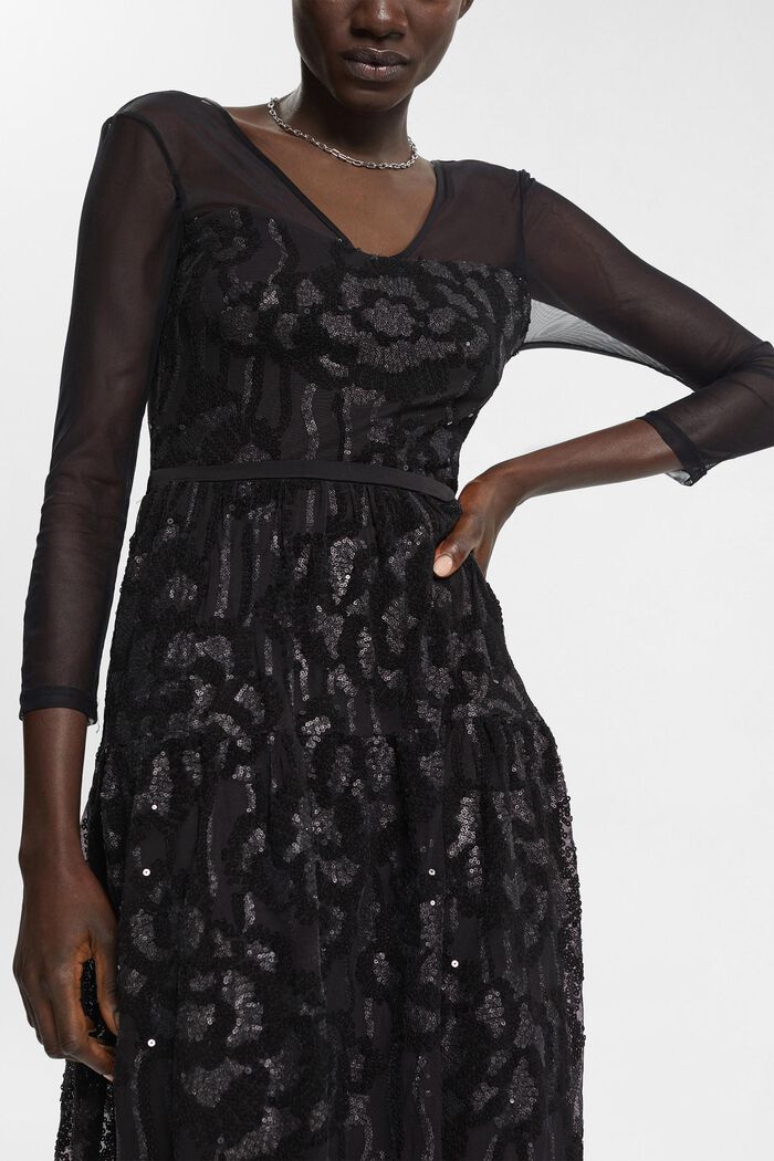 Mesh midi-jurk met pailletjes, BLACK, detail image number 2
