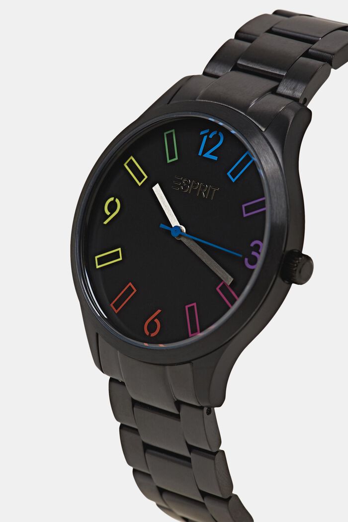 Edelstalen horloge met meerkleurige cijfers, BLACK, detail image number 1