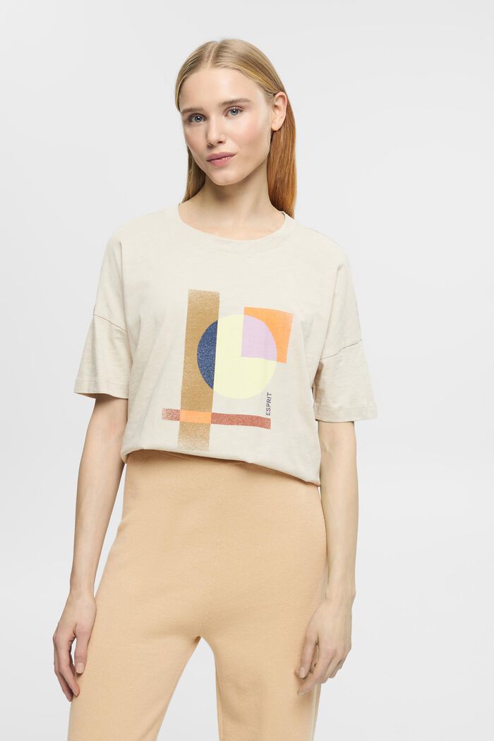 Katoenen T-shirt met geometrische print, LIGHT TAUPE, detail image number 0