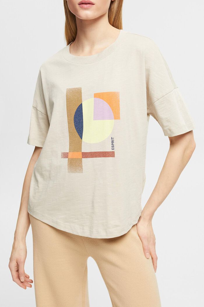 Katoenen T-shirt met geometrische print, LIGHT TAUPE, detail image number 2