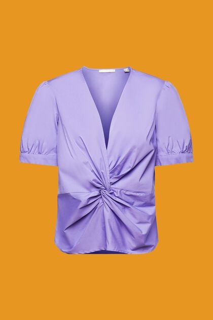 Katoenen blouse met V-hals en gerimpeld detail, PURPLE, overview