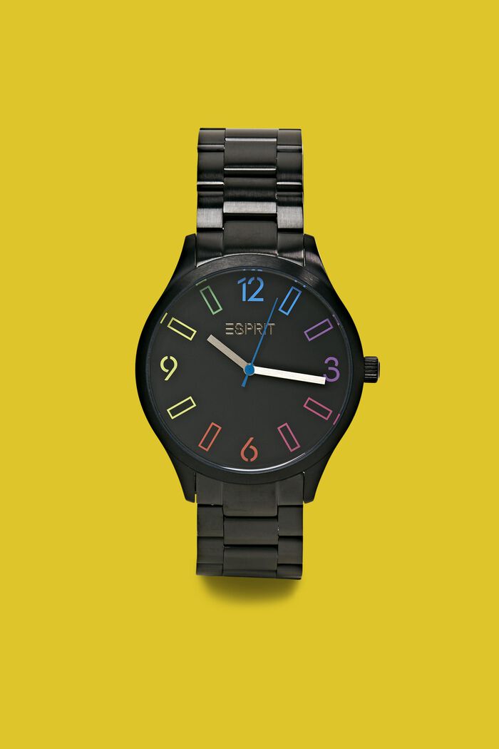 Edelstalen horloge met meerkleurige cijfers, BLACK, detail image number 0
