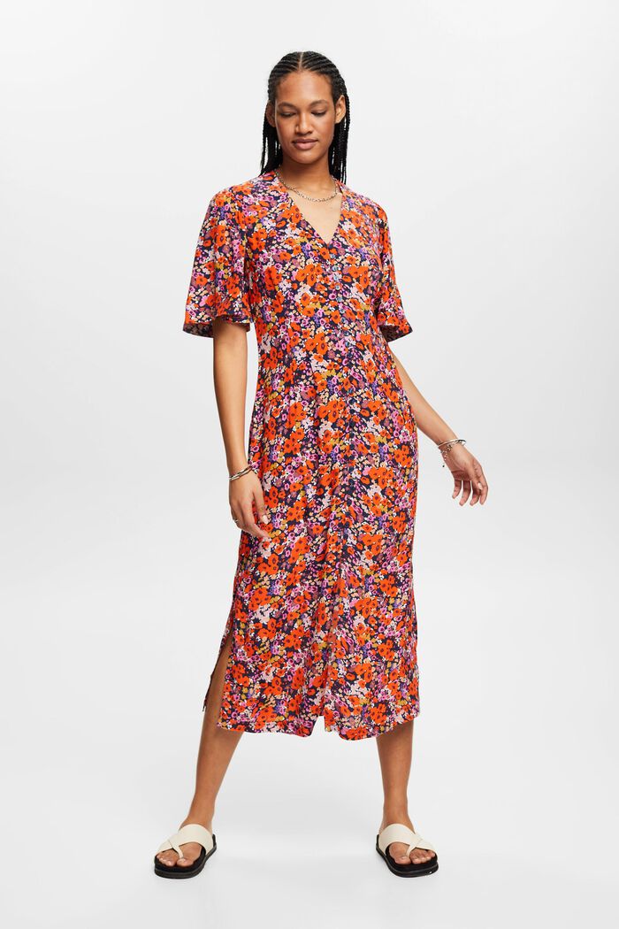 Midi-jurk met korte mouwen en bloemenmotief, NAVY, detail image number 0