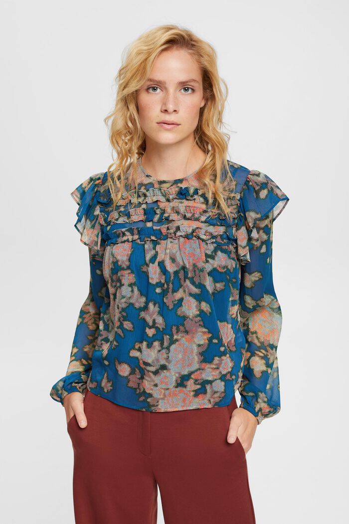Chiffon blouse met print en ruches, TEAL BLUE, detail image number 1