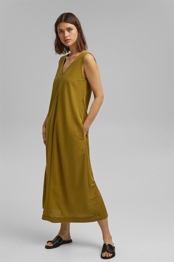 Midi-jurk met V-hals voor en achter, LENZING™ ECOVERO™, OLIVE, detail image number 1