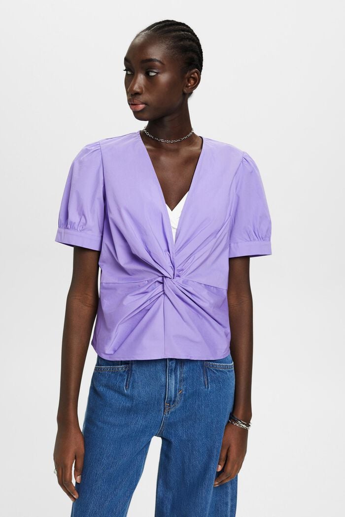 Katoenen blouse met V-hals en gerimpeld detail, PURPLE, detail image number 0