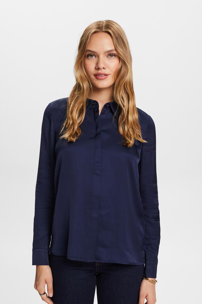 Satijnen blouse met lange mouwen, DARK BLUE, detail image number 0