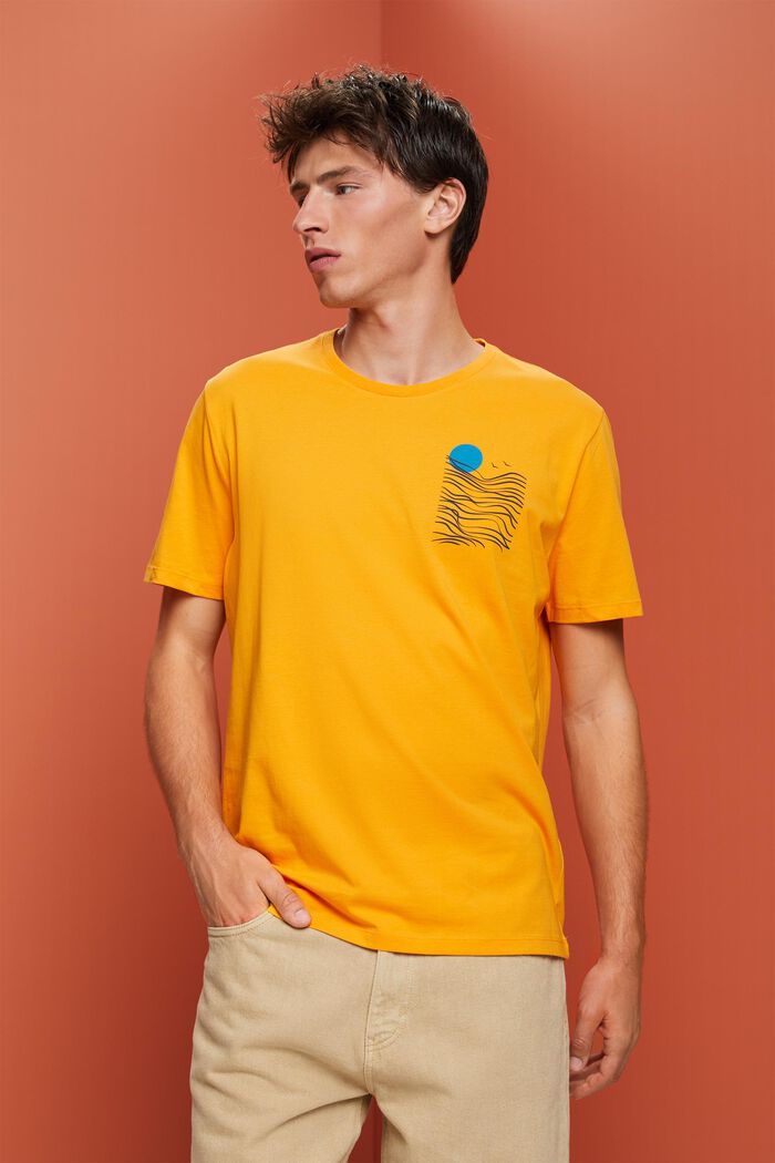 Jersey T-shirt met print op de borst, 100% katoen, BRIGHT ORANGE, detail image number 0
