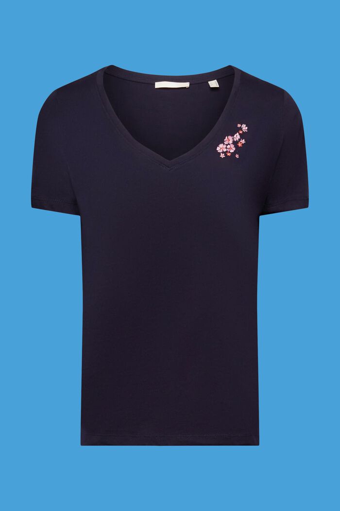 T-shirt met V-hals en bloemenborduursel, NAVY, detail image number 5