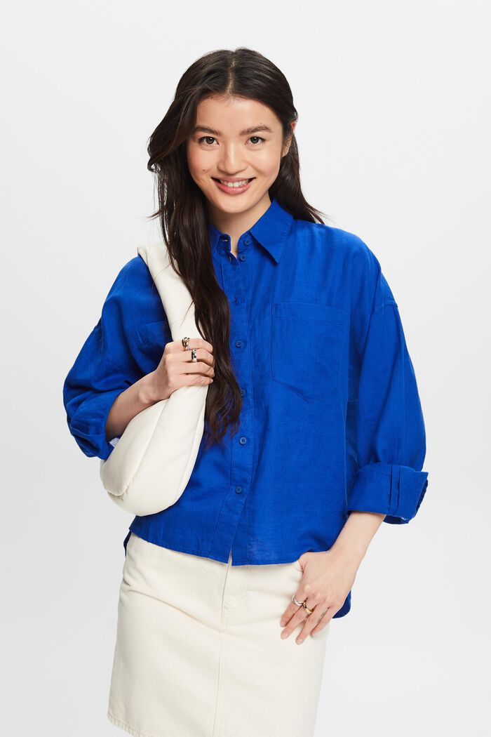 Katoen-linnen overhemdblouse, BRIGHT BLUE, detail image number 0