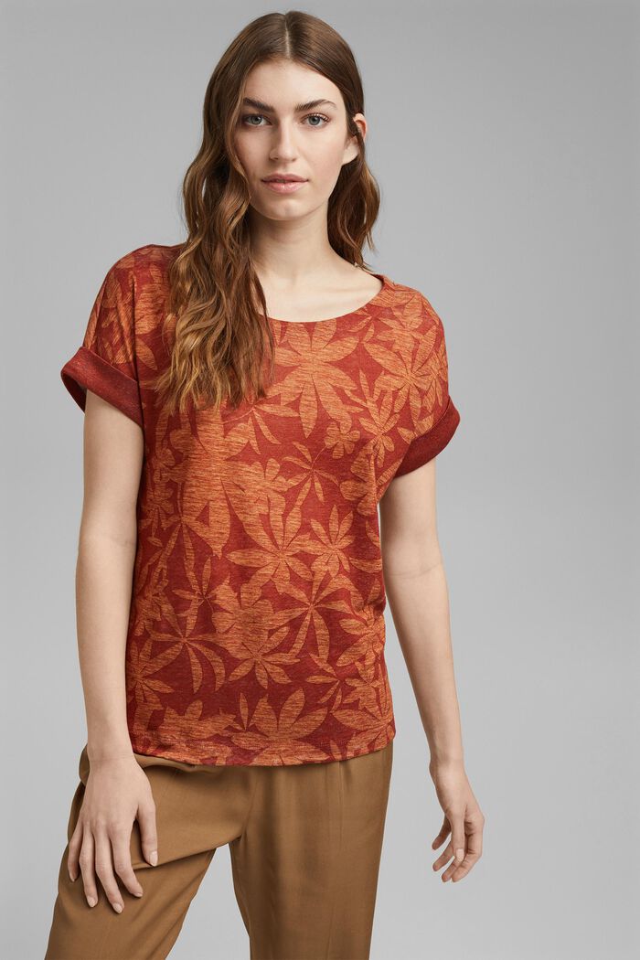 Van 100% linnen: T-shirt met bladerprint, TERRACOTTA, detail image number 0