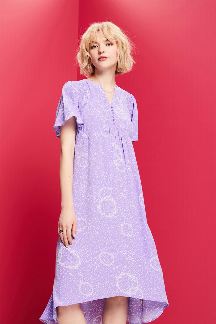 Gerimpelde midi-jurk met print en strik op de achterkant, PURPLE, detail image number 0