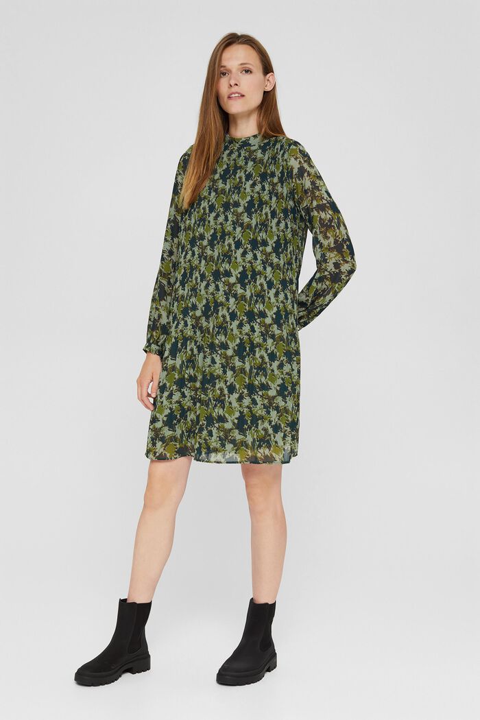 Gerecycled: geplisseerde jurk met print, DUSTY GREEN, detail image number 1