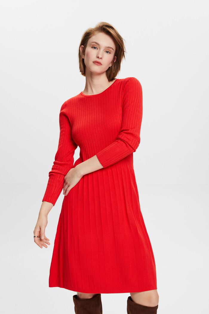 Ribgebreide jurk met plooien, RED, detail image number 1
