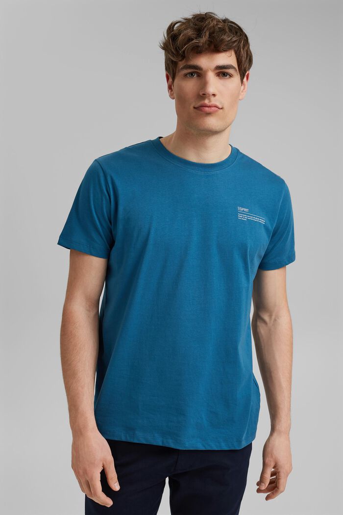 Jersey T-shirt met print, 100% biologisch katoen, PETROL BLUE, overview