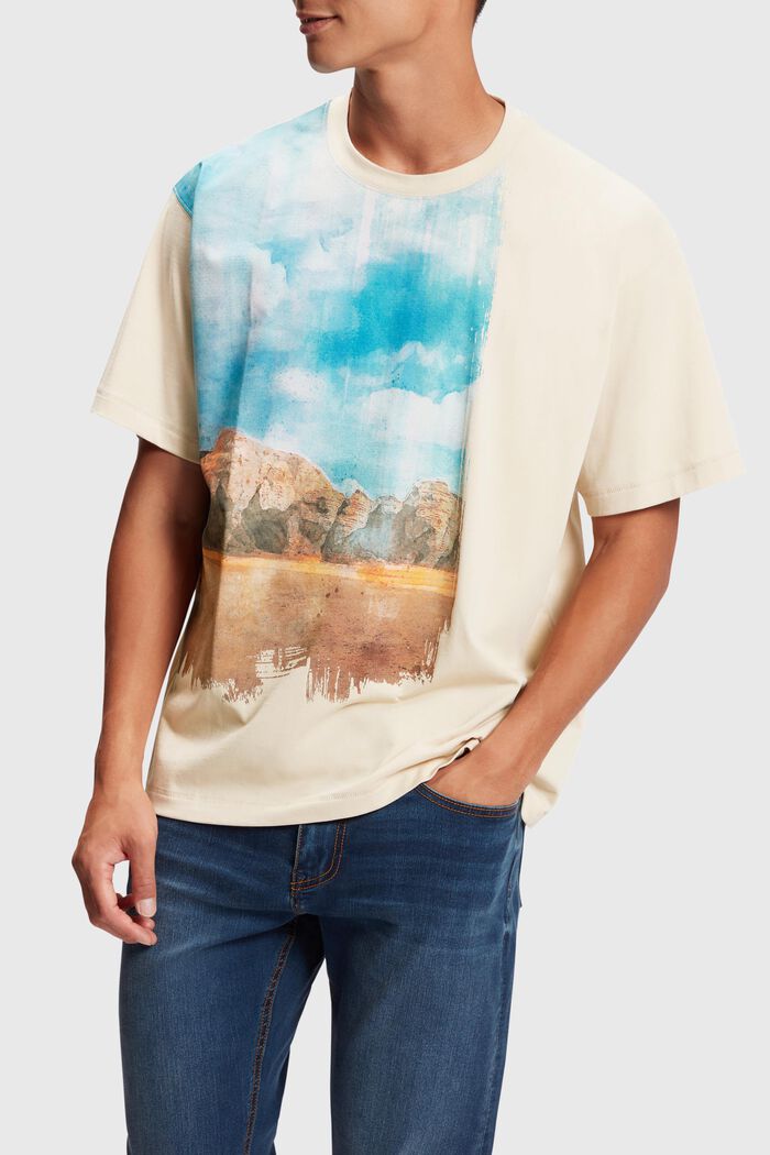 T-shirt met digitale landschapprint op de voorkant, BEIGE, detail image number 0