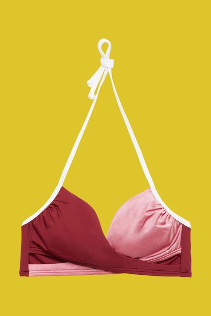 Driekleurige gewatteerde bikinitop met wikkeleffect, DARK RED, overview