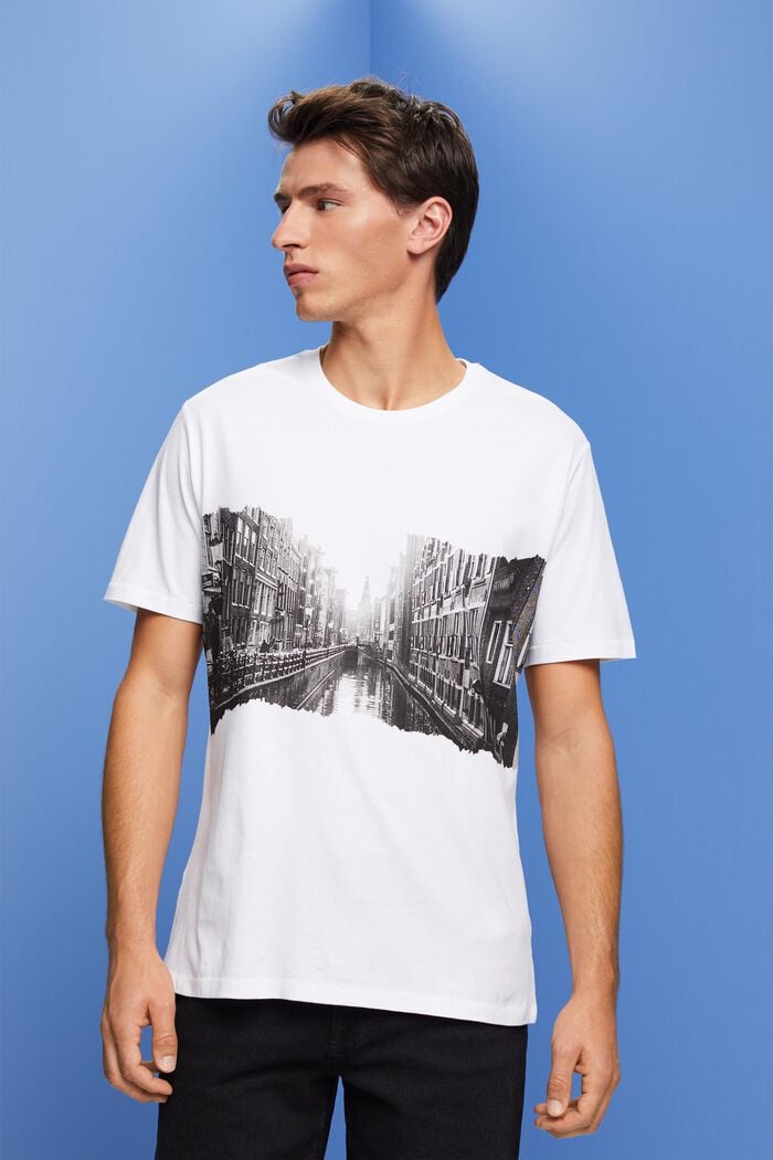 T-shirt met ronde hals en print, 100% katoen, WHITE, detail image number 0