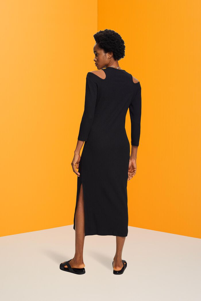 Geribde midi-jurk met cut-out op de schouders, BLACK, detail image number 3
