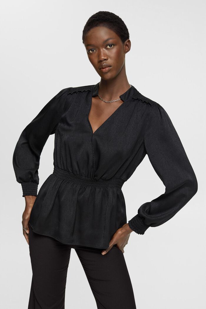 Gestructureerde blouse met gesmokte details, BLACK, detail image number 3