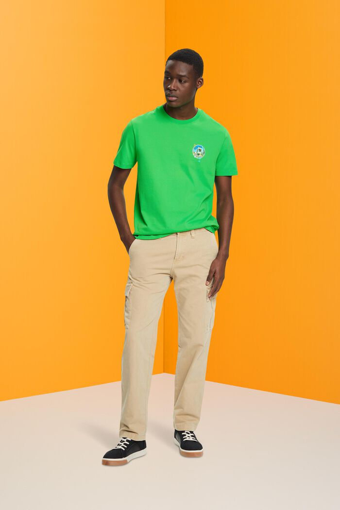 Katoenen T-shirt met slim fit en kleine borstprint, GREEN, detail image number 4