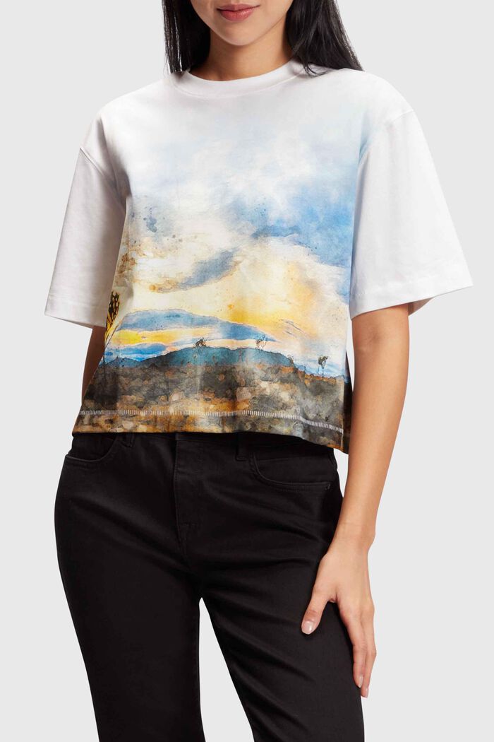 Cropped T-shirt met schuine landschapprint op de voorkant, WHITE, detail image number 0