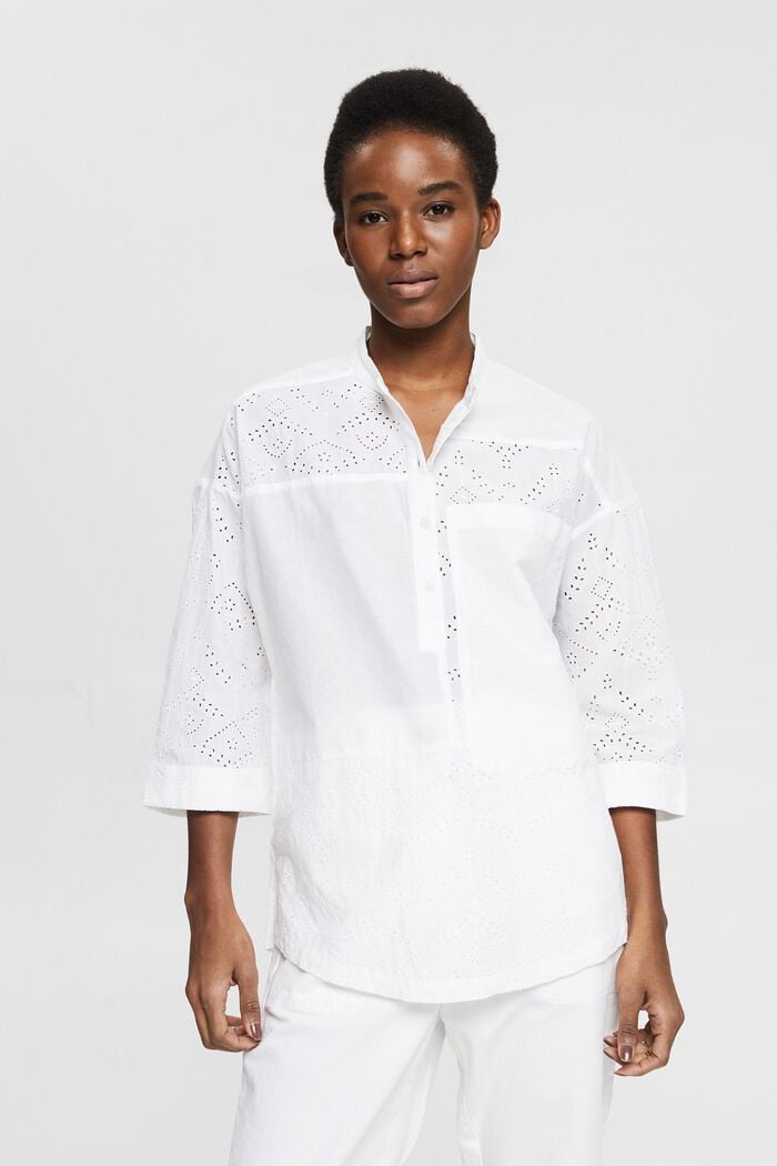 Oversized blouse met opengewerkte kant, WHITE, detail image number 0