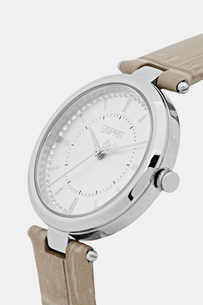 Edelstalen horloge met gestructureerd leren bandje, GREY, detail image number 1
