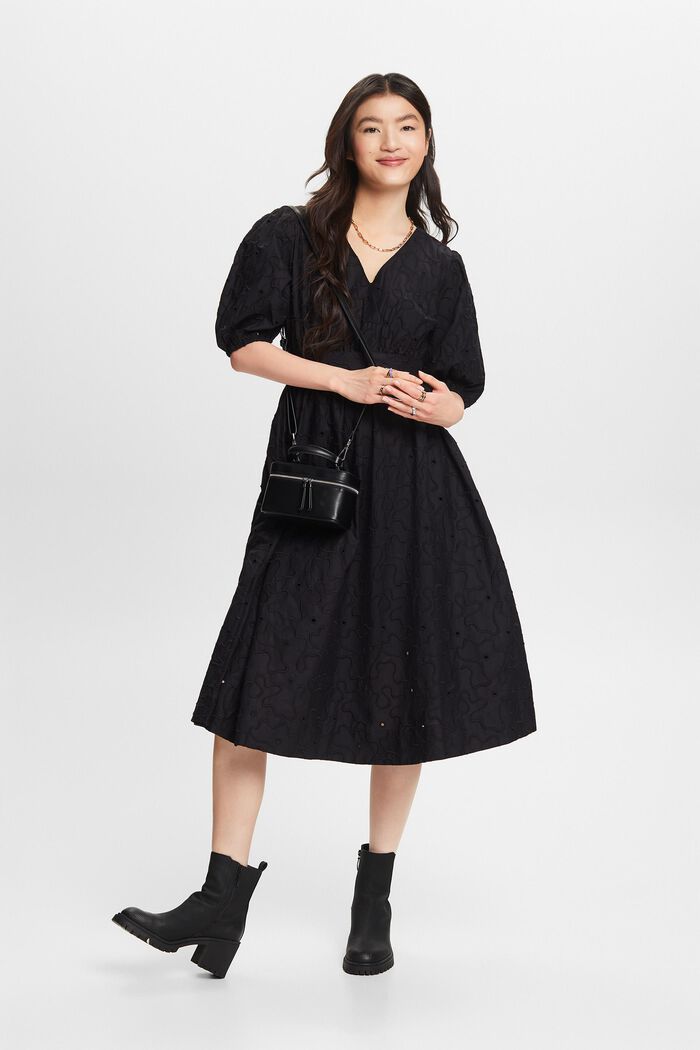 Midi-jurk met pofmouwen en ceintuur, BLACK, detail image number 1
