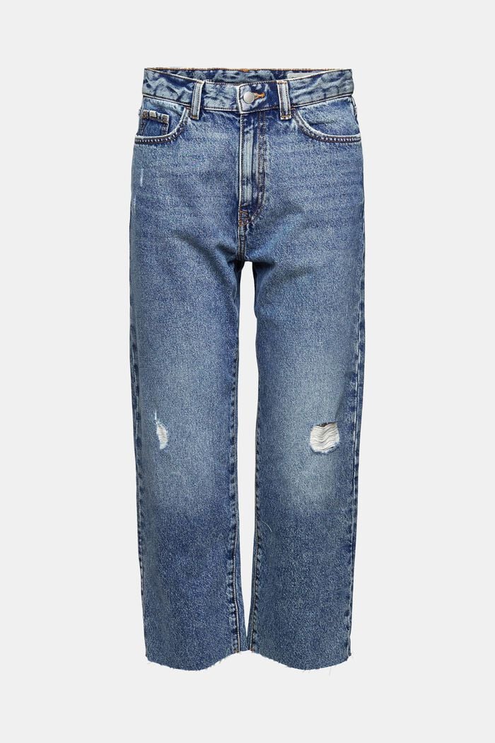 Gerecycled: jeans met slijtageplekken en rechte pijpen, BLUE DARK WASHED, detail image number 7