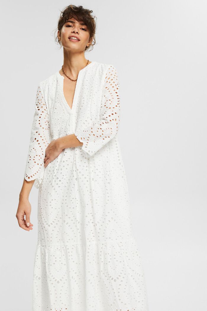 Midi-jurk met opengewerkte kant, LENZING™ ECOVERO™, WHITE, detail image number 5