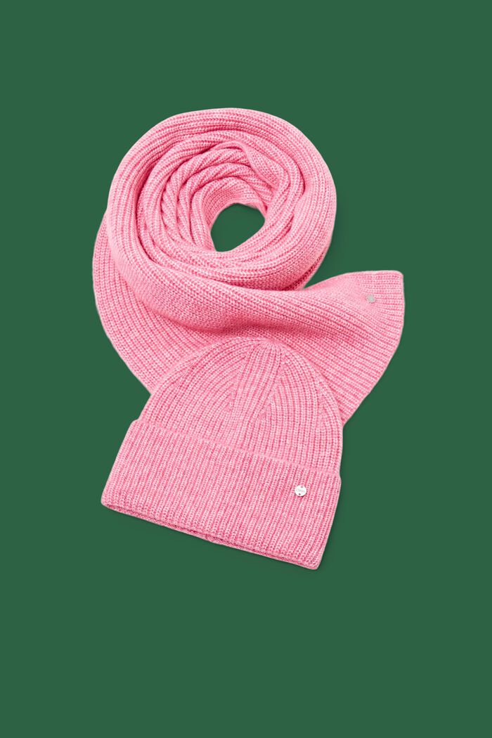 Set bestaand uit beanie van ribbreisel en sjaal, PINK FUCHSIA, detail image number 0