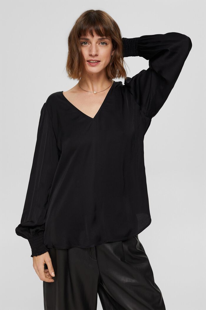 Satijnen blouse met ballonmouwen, BLACK, detail image number 0