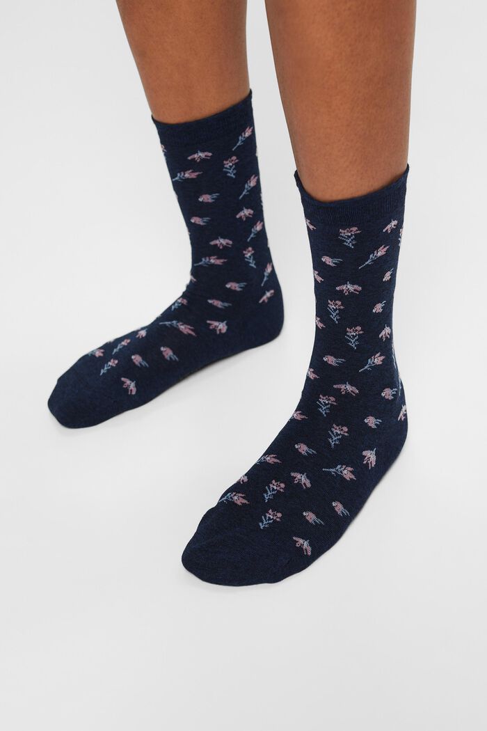 Set van 2 paar gebreide sokken met bloemmotief, MARINE, detail image number 1