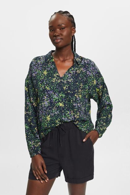 Katoenen blouse met bloemenprint, NAVY, overview