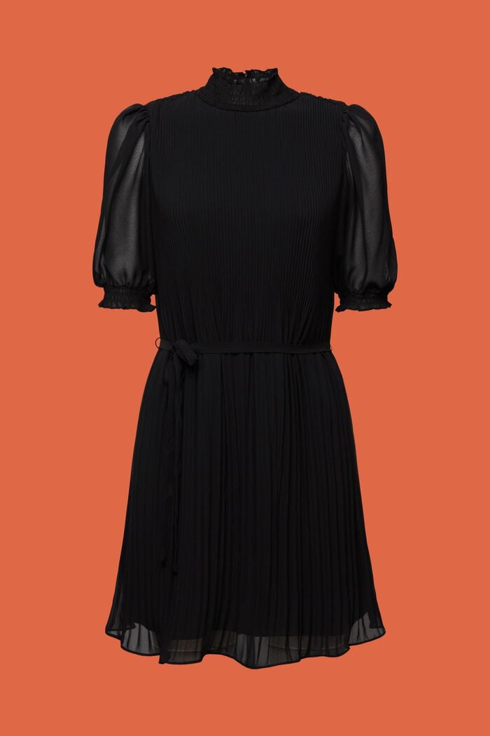 Mini-jurk met opstaande kraag van geplooid chiffon, BLACK, detail image number 6
