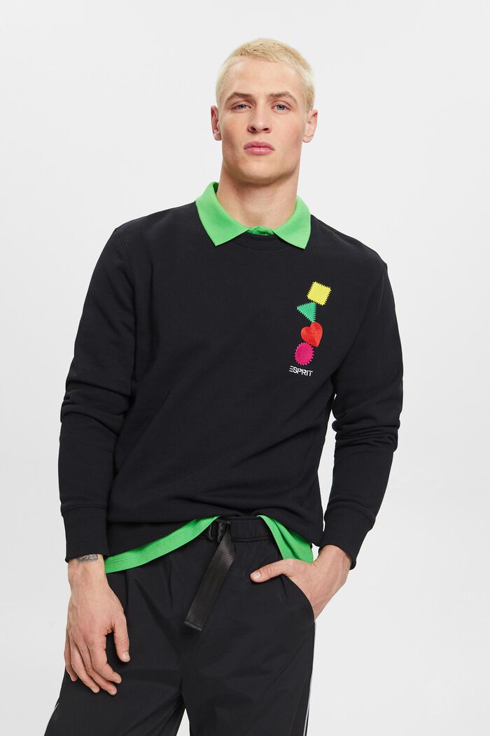 Sweatshirt met een gestikt geometrisch hartmotief, BLACK, detail image number 0