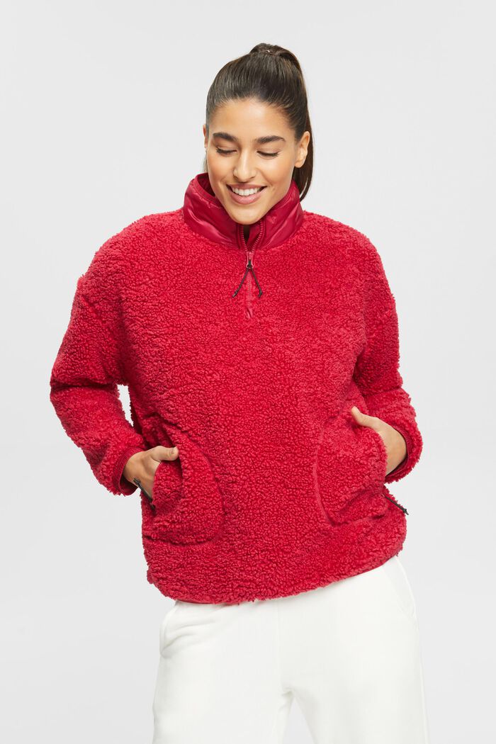 Sweatshirt met halve rits van fleece met teddy, CHERRY RED, detail image number 0