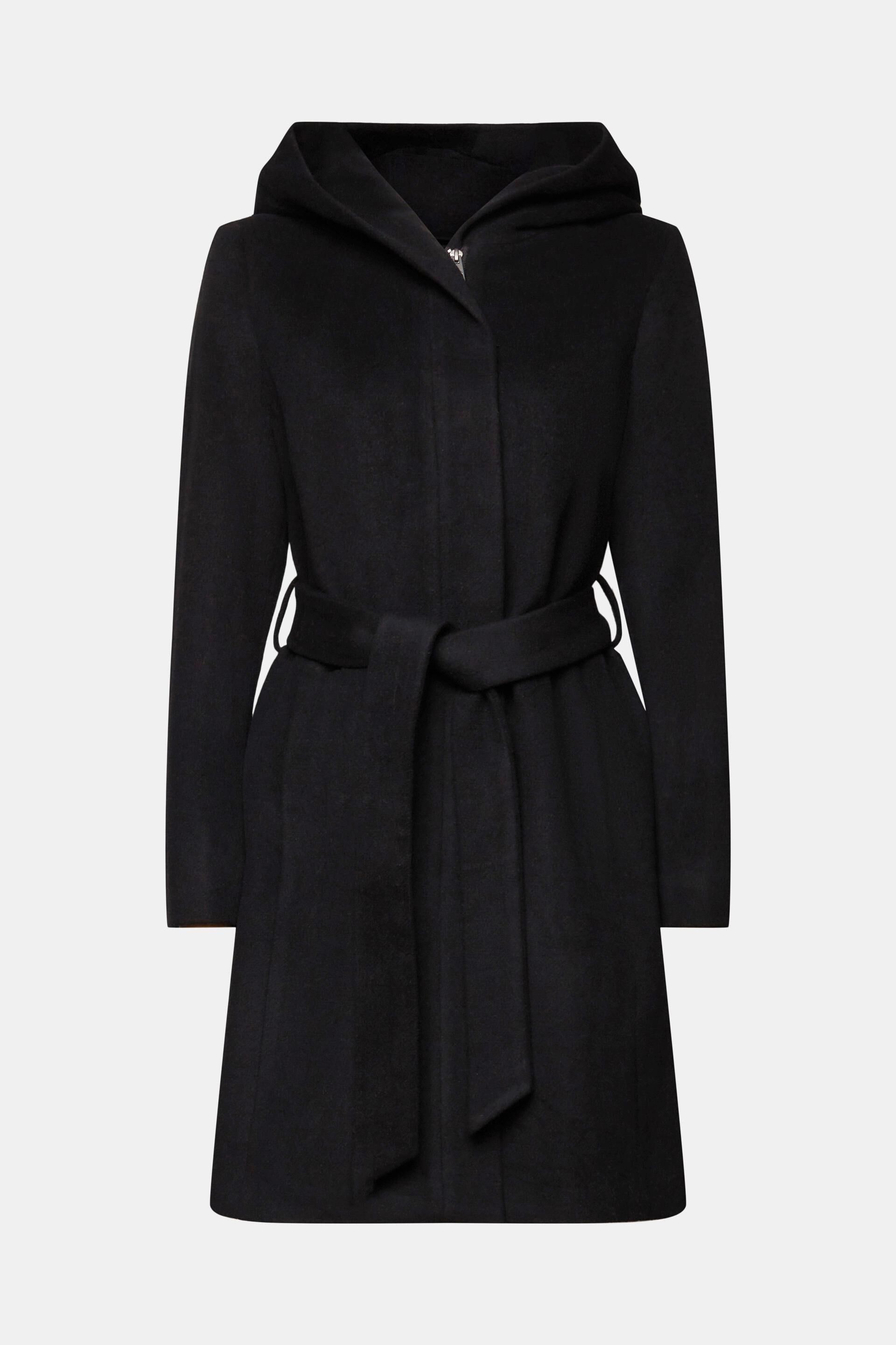 Zwart Gerecycled: mantel van wolmix met capuchon en riem