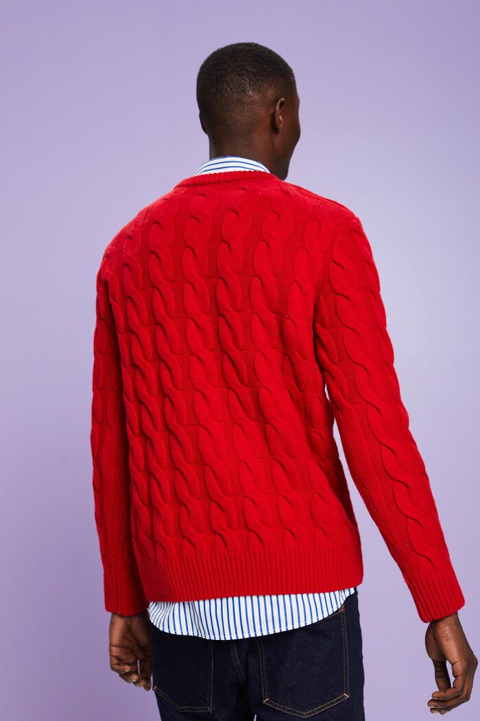 Wollen trui met kabelpatroon, DARK RED, detail image number 4