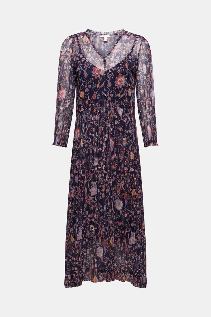 Geplooide mesh jurk met bloemenprint, NAVY, detail image number 5