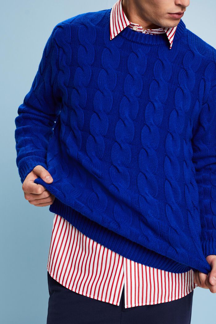 Wollen trui met kabelpatroon, DARK BLUE, detail image number 3